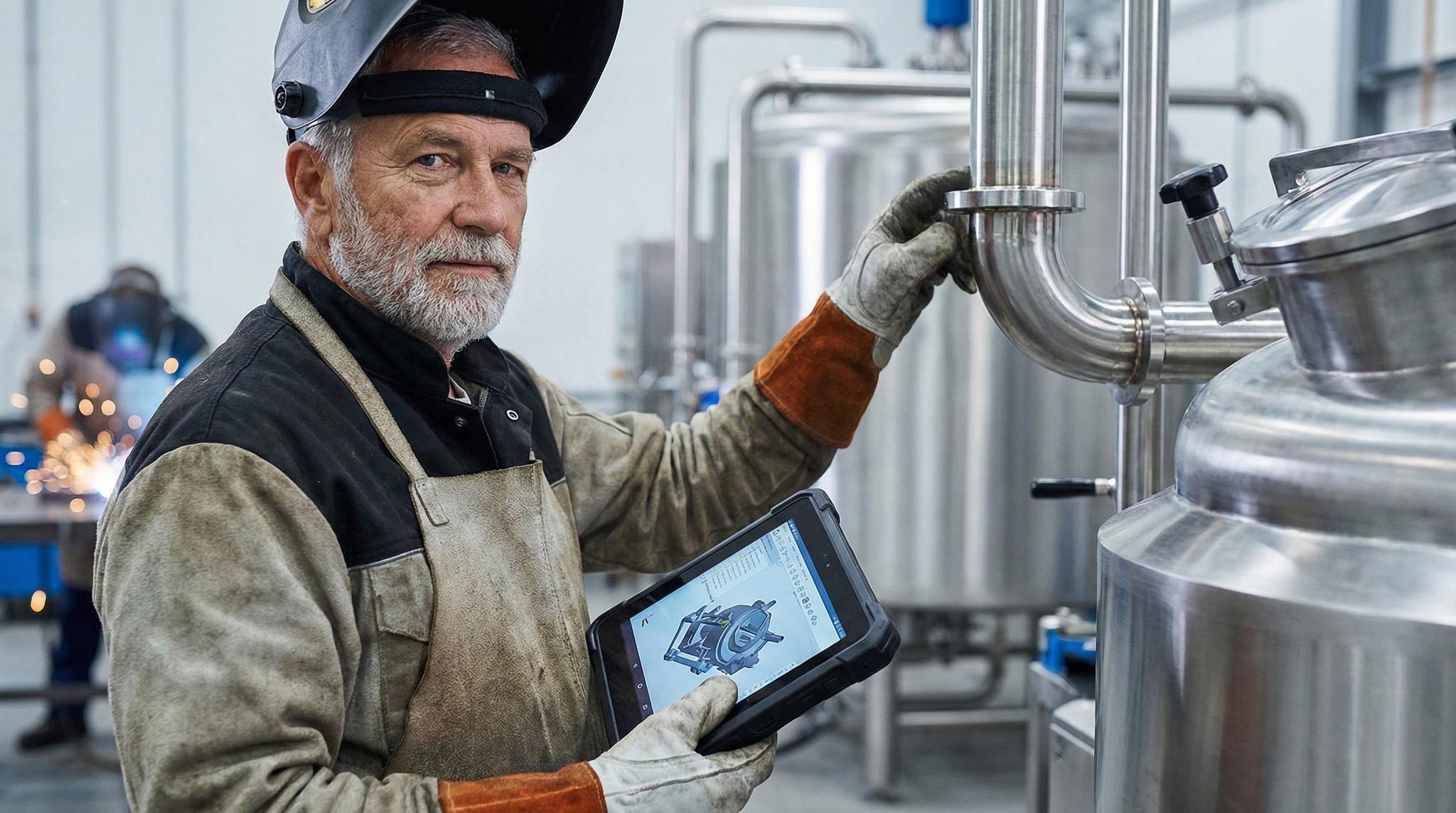A welder holding a tablet on a stainless-steel fabrication floor