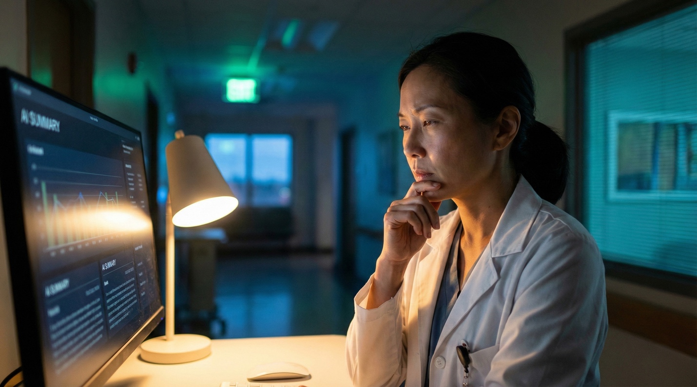 A physician reviewing information at a workstation