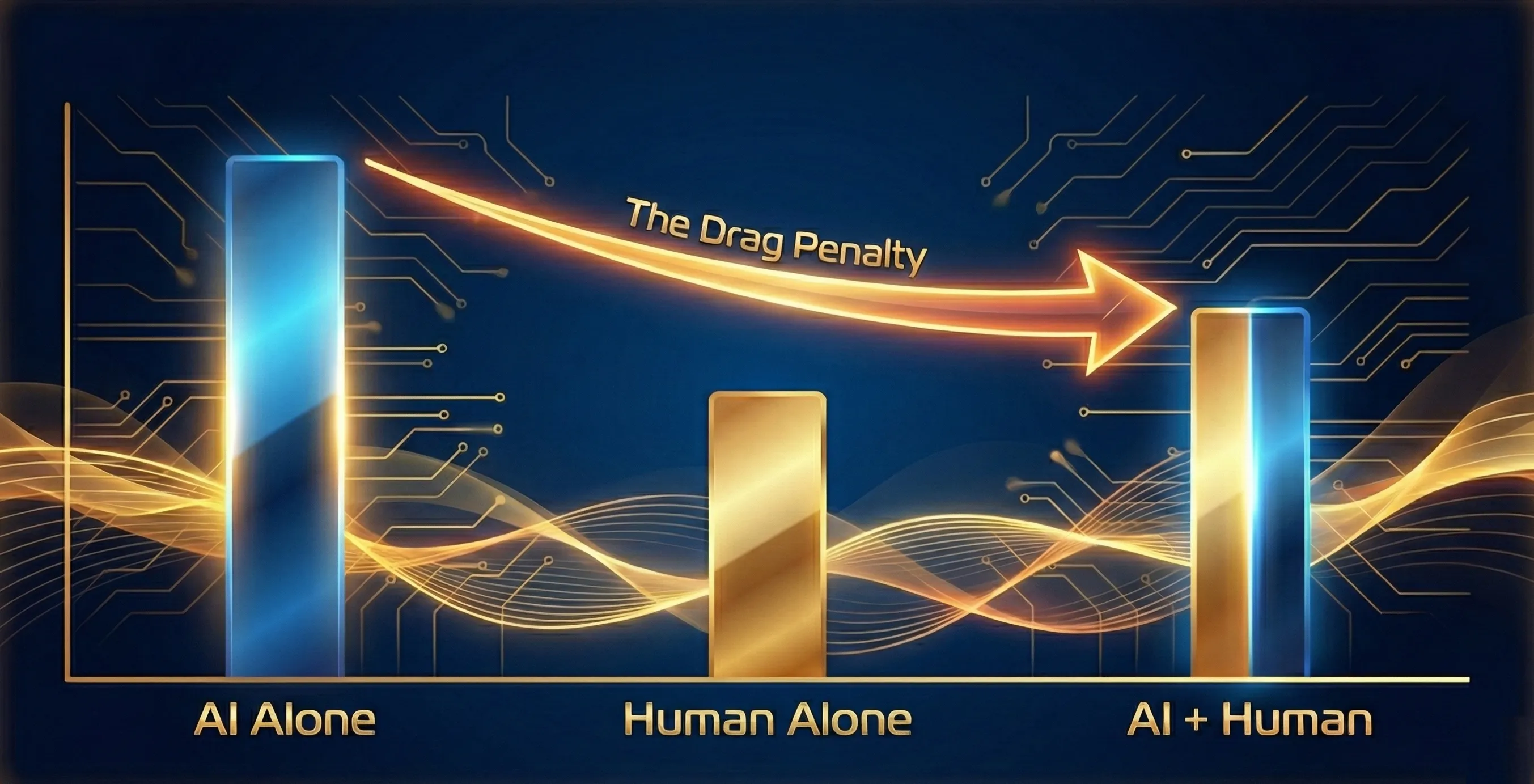 Bar chart illustrating the drag penalty where AI plus human performance falls below AI alone