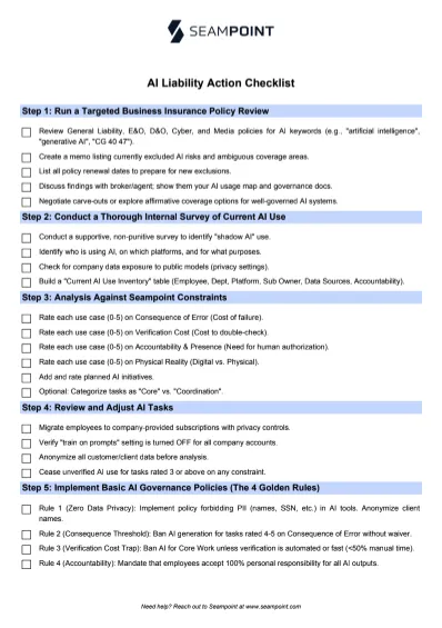 Seampoint AI Liability Action Checklist with five steps covering insurance, audits, and governance policies