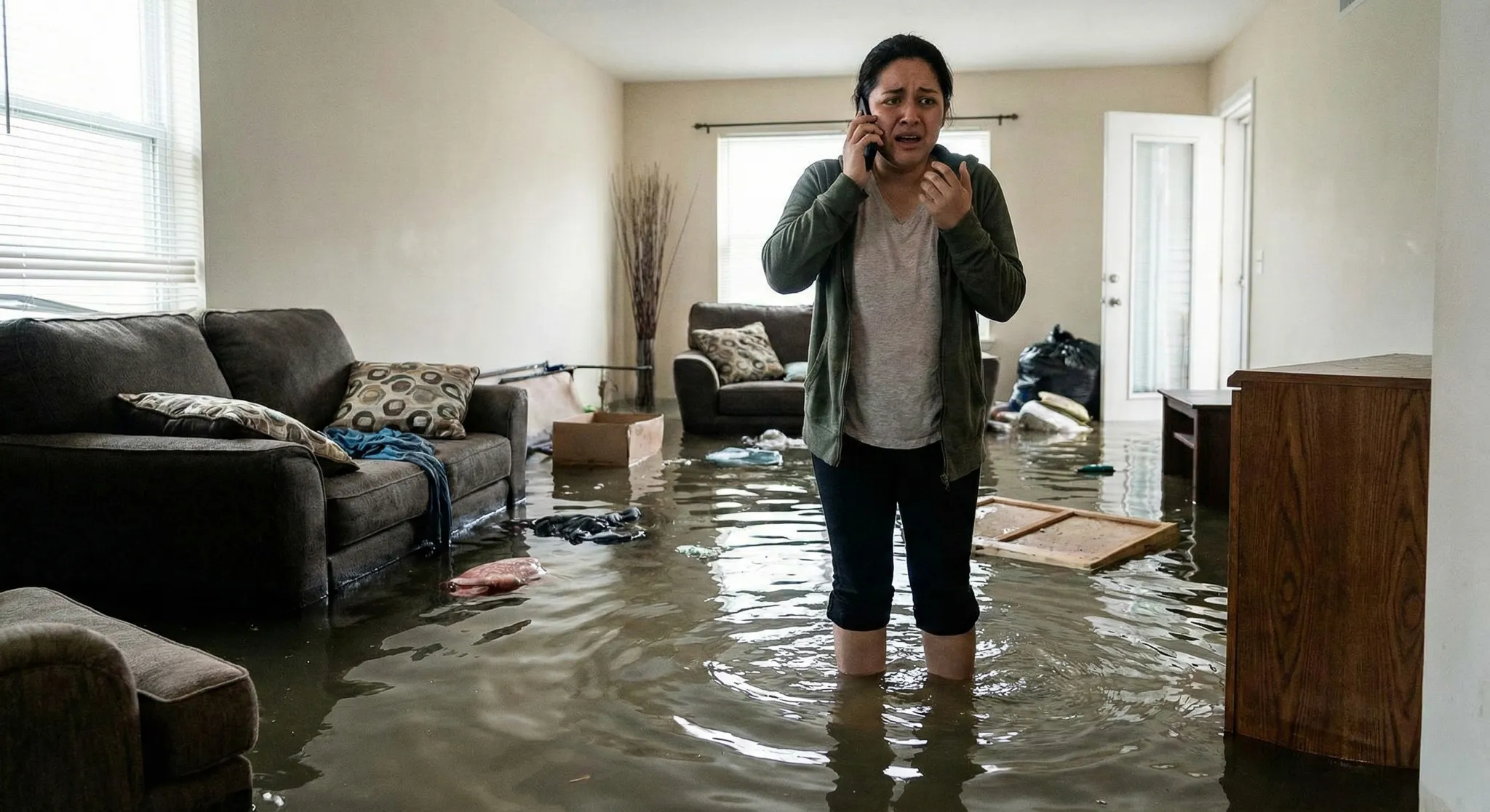 Distressed woman standing in a flooded living room making a phone call, water up to her ankles