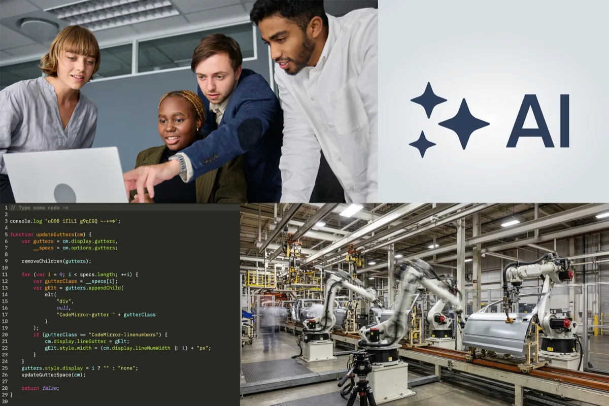 Four-panel collage showing team collaboration, AI logo, programming code, and robotic factory assembly line
