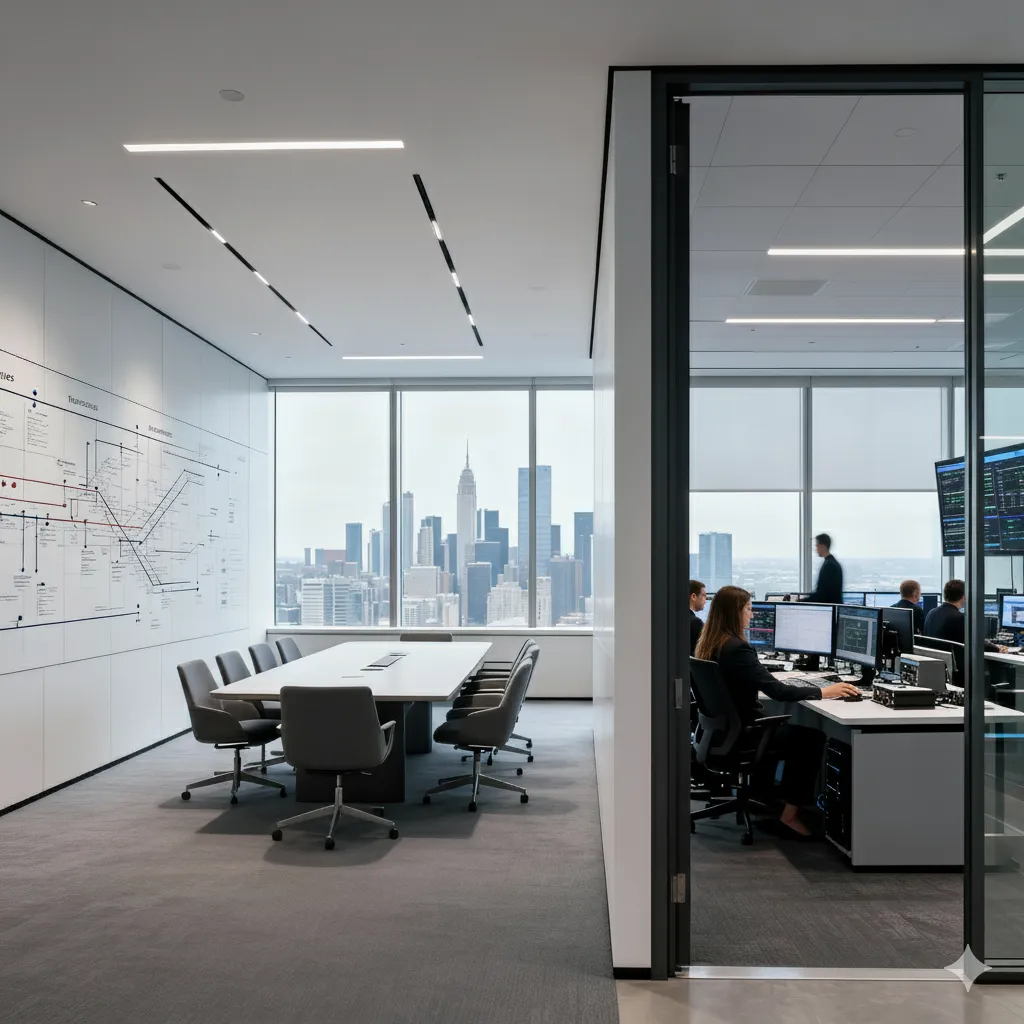 Modern high-rise office with conference room, whiteboard diagrams, and team working with city skyline view