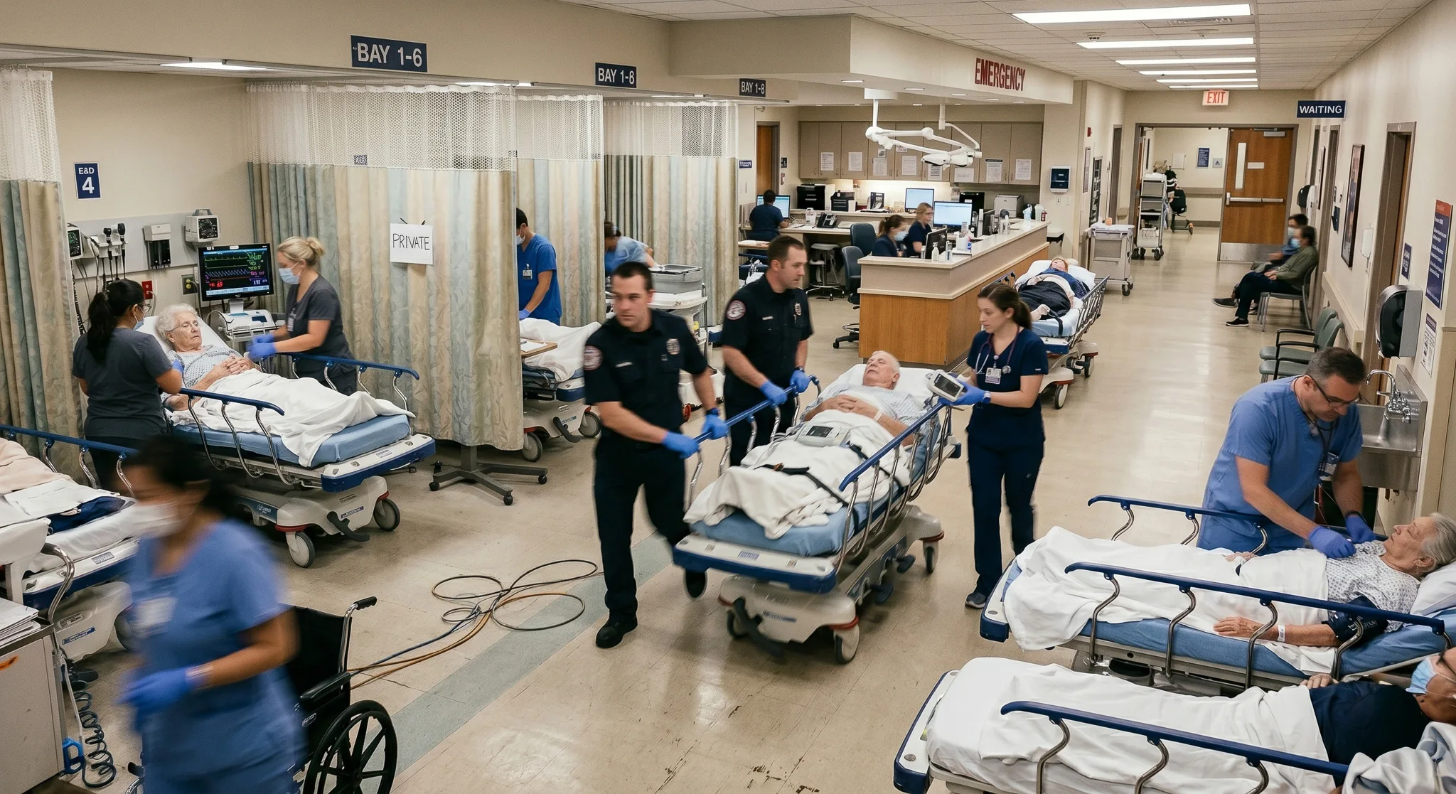 Working emergency department with staff attending to patients