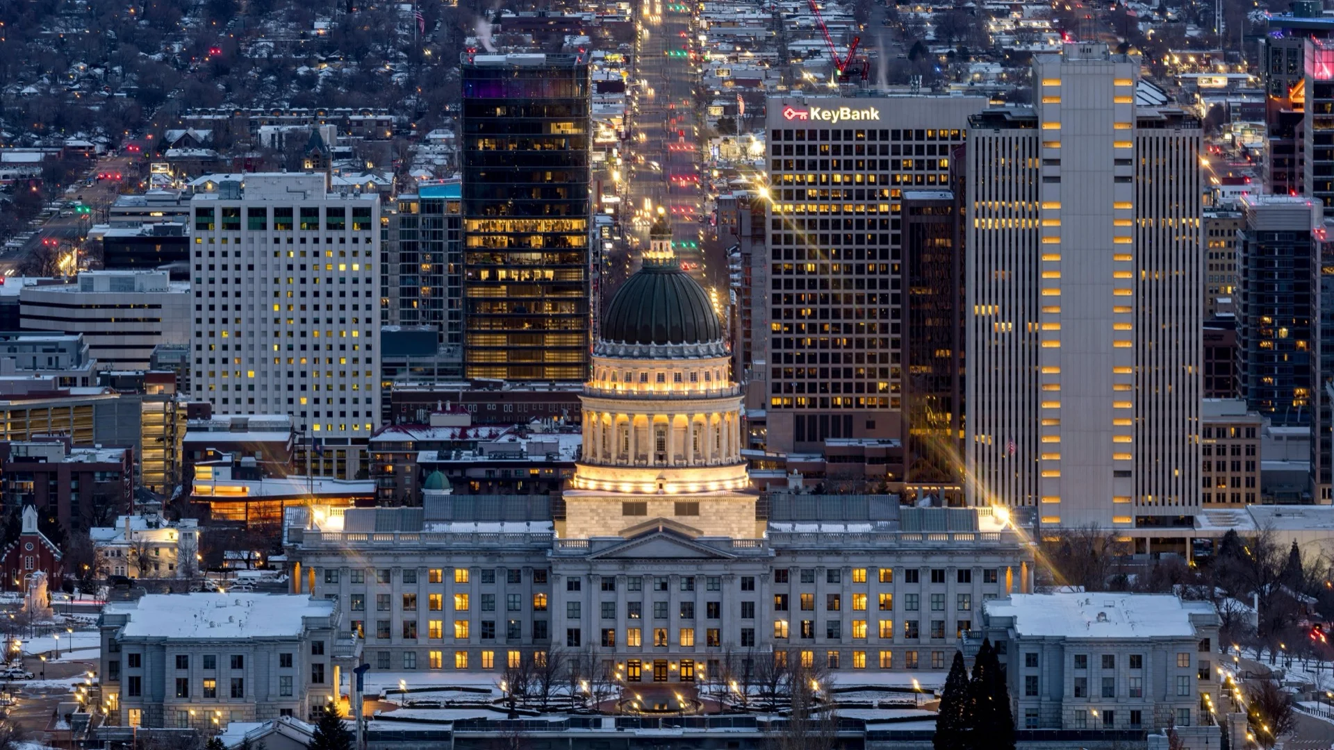 Utah State Capitol and Salt Lake City skyline at dusk in winter